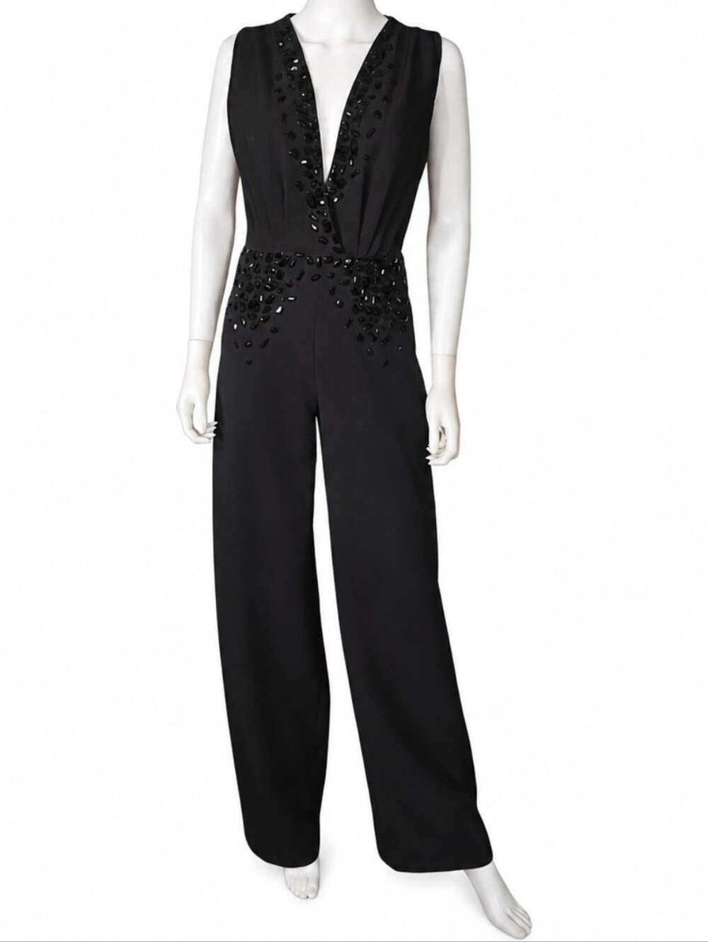 MARCELL VON BERLIN | Black Swarovski Crystal Jumpsuit Deep V Wide Leg NWT US 4